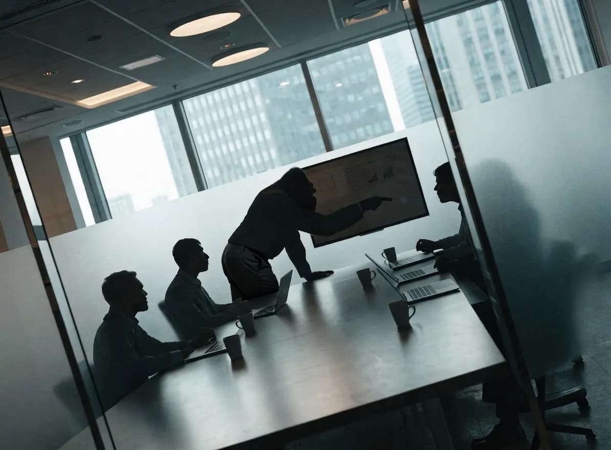 Strategisch overleg in een vergaderruimte gefotografeerd door glas, waarbij de deelnemers niet herkenbaar zijn