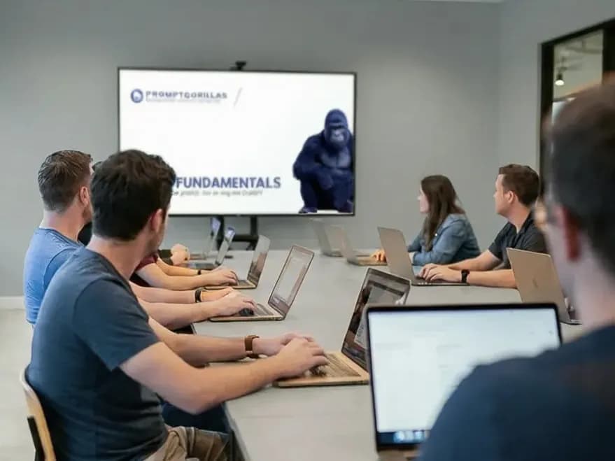 Team volgt een AI Fundamentals training met laptops, gefotografeerd van achteren