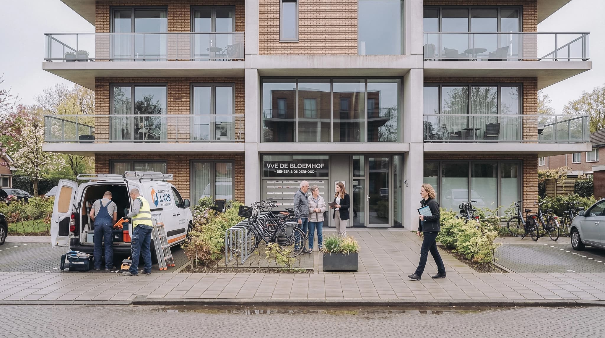 VvE-beheerder in gesprek met bewoners voor een Nederlands appartementencomplex terwijl monteurs een bedrijfsbus uitladen.
