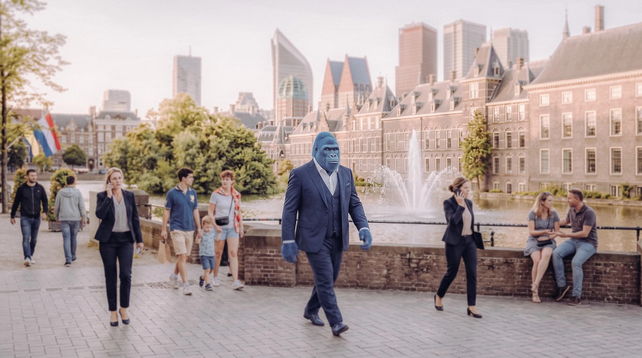 Blauwe gorilla die door het centrum van Den Haag loopt