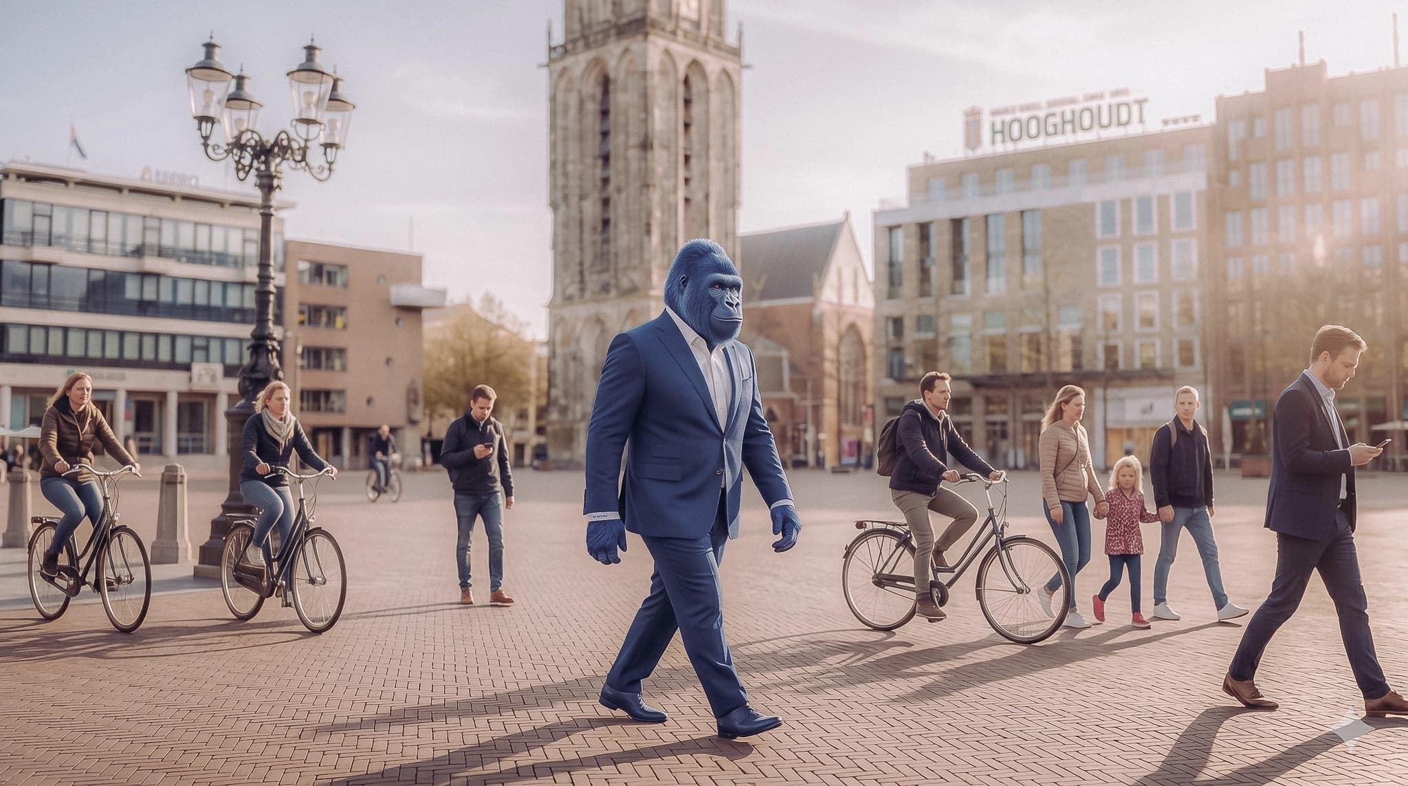 Blauwe gorilla die door het centrum van Groningen loopt