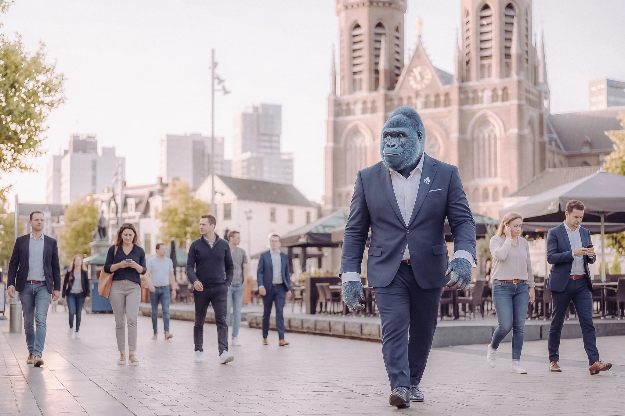 Blauwe gorilla die door het centrum van Tilburg loopt