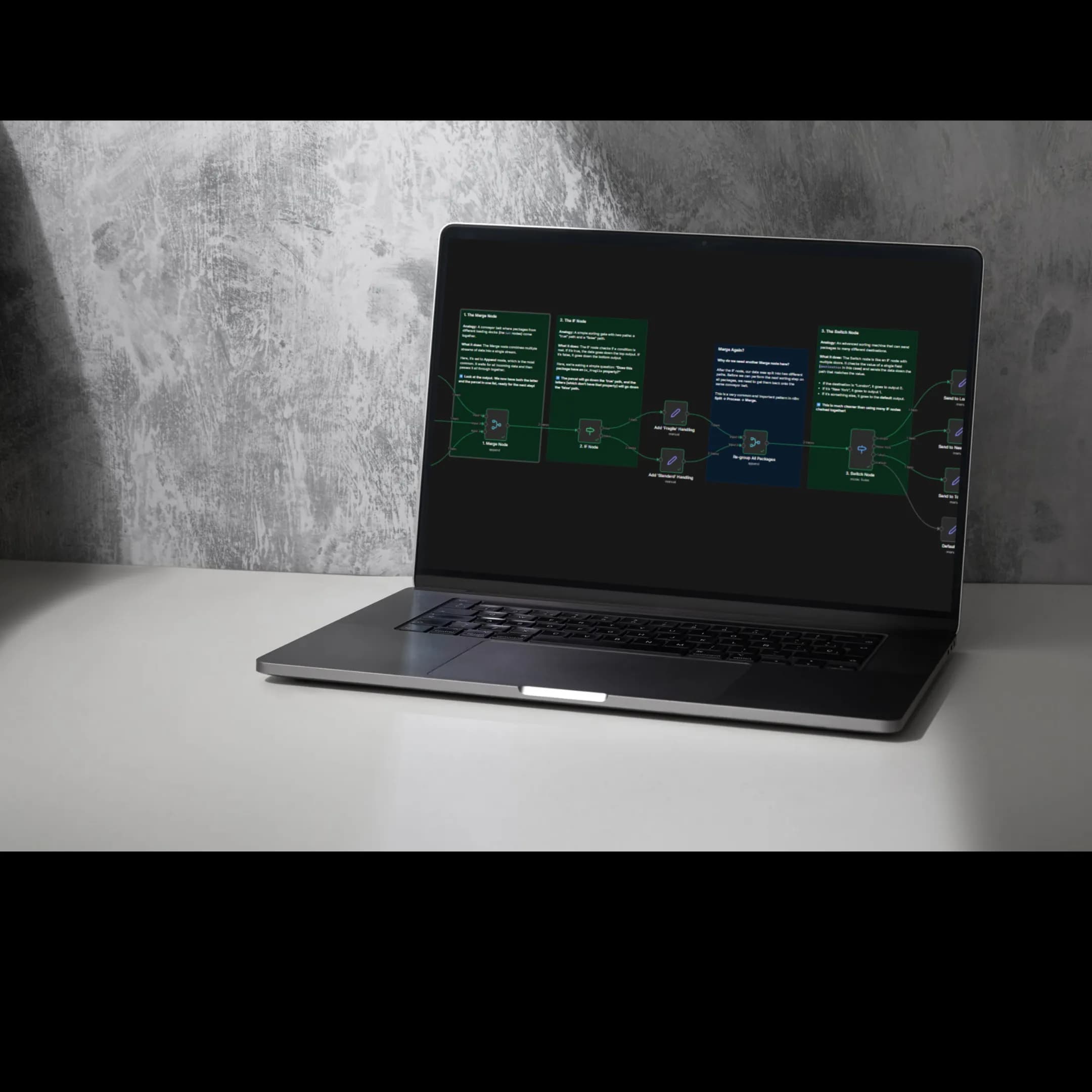 Macbook met een n8n workflow op het scherm