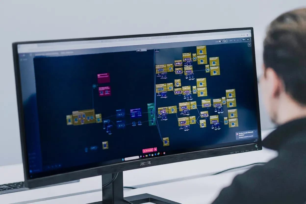 Over-de-schouder beeld van een medewerker die een uitgebreide n8n automatisering workflow bekijkt op een groot Philips beeldscherm