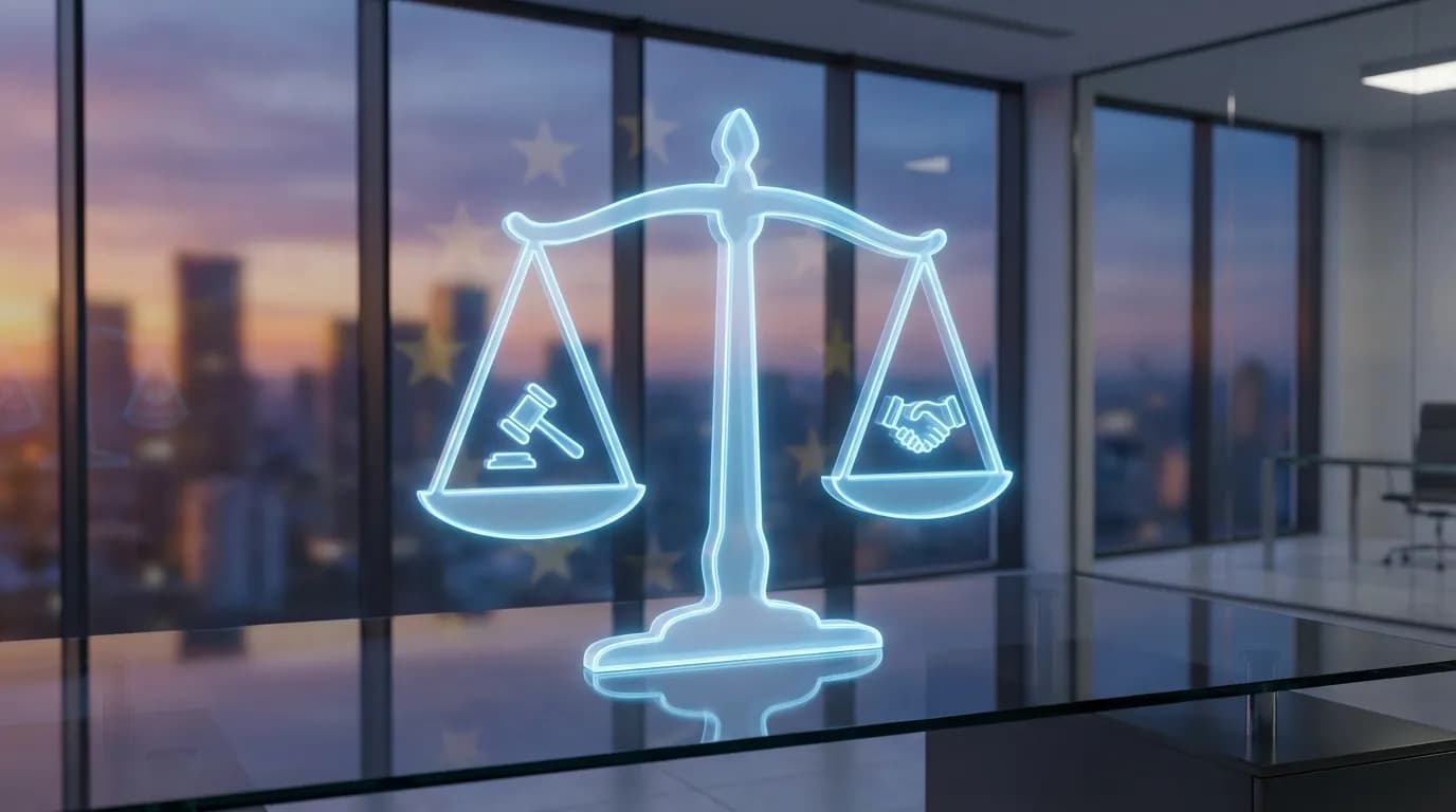 Holografische weegschaal met juridische en zakelijke symbolen in een modern kantoor, als beeld bij het artikel over de AI Act en high-risk systemen