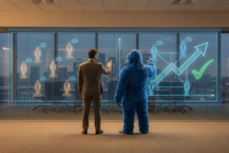 Zakenman en blauwe gorilla bekijken samen een holografisch dashboard met groeicijfers in een modern kantoor, als beeld bij het artikel over bedrijfsprocessen automatiseren