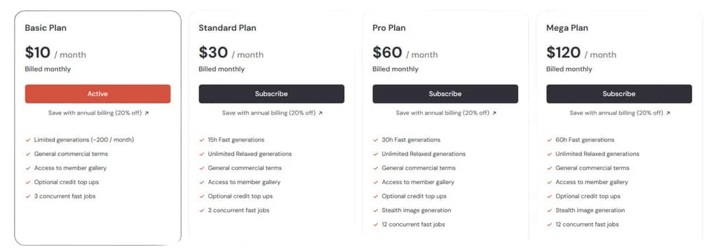 Screenshot van de Midjourney abonnementspagina met de vier beschikbare plannen: basic, standard, pro en mega