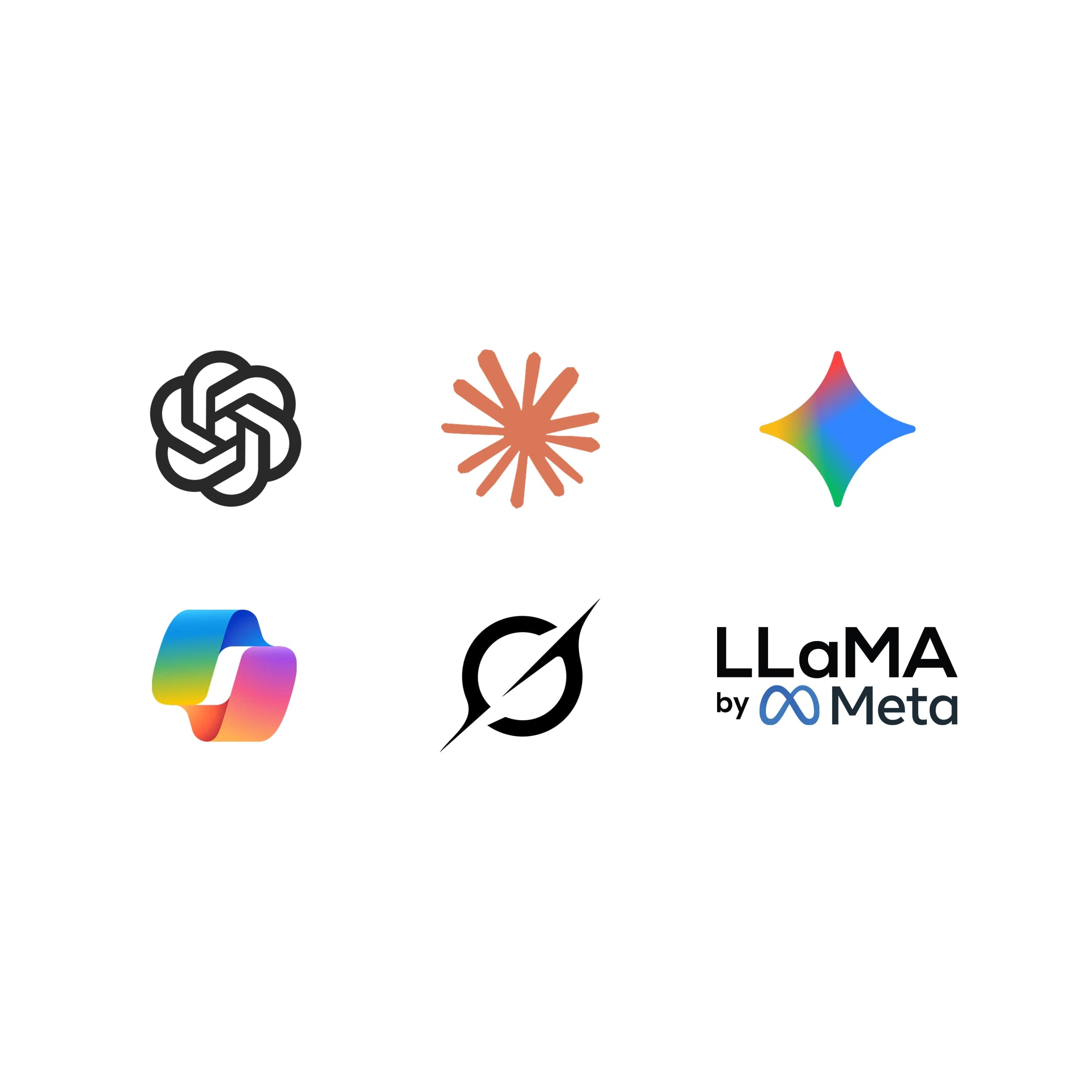 Afbeelding met logo's van OpenAI, Claude, Google Gemini, Microsoft Copilot, Grok en Llama