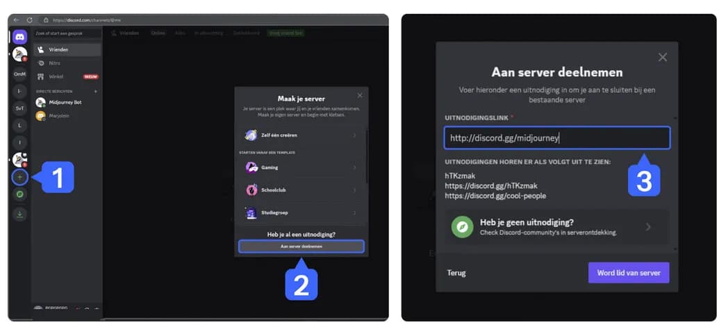 Screenshot van het joinen van de Midjourney server op Discord via de serverlijst