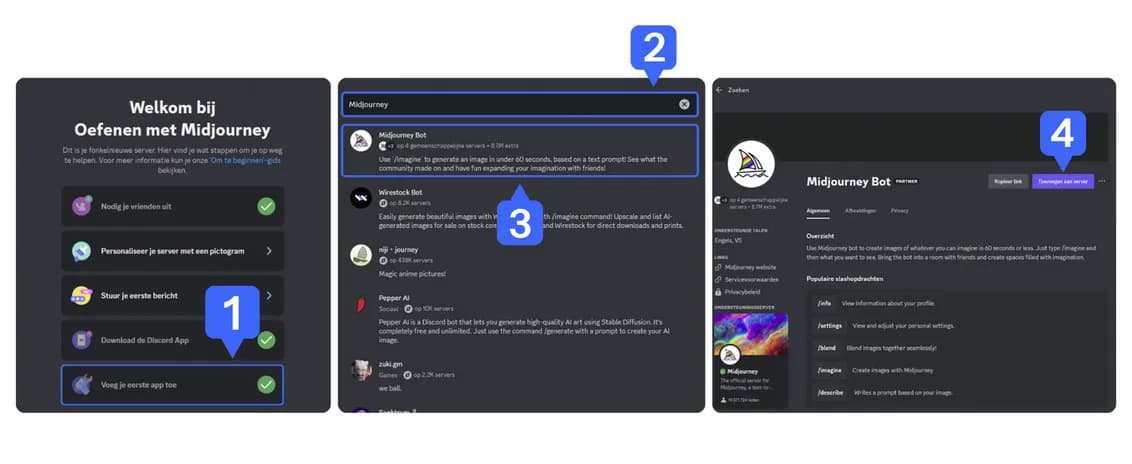 Screenshot van het joinen van de Midjourney server op Discord via de serverlijst