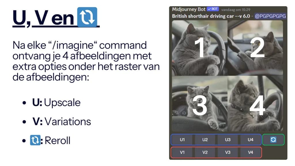 Screenshot van de Midjourney bewerkingsopties na upscale, waaronder Vary Strong, Vary Subtle, Vary Region en Zoom-opties