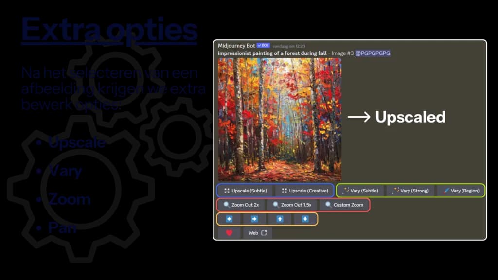 Screenshot van de Midjourney bewerkingsopties na upscale, waaronder Vary Strong, Vary Subtle, Vary Region en Zoom-opties