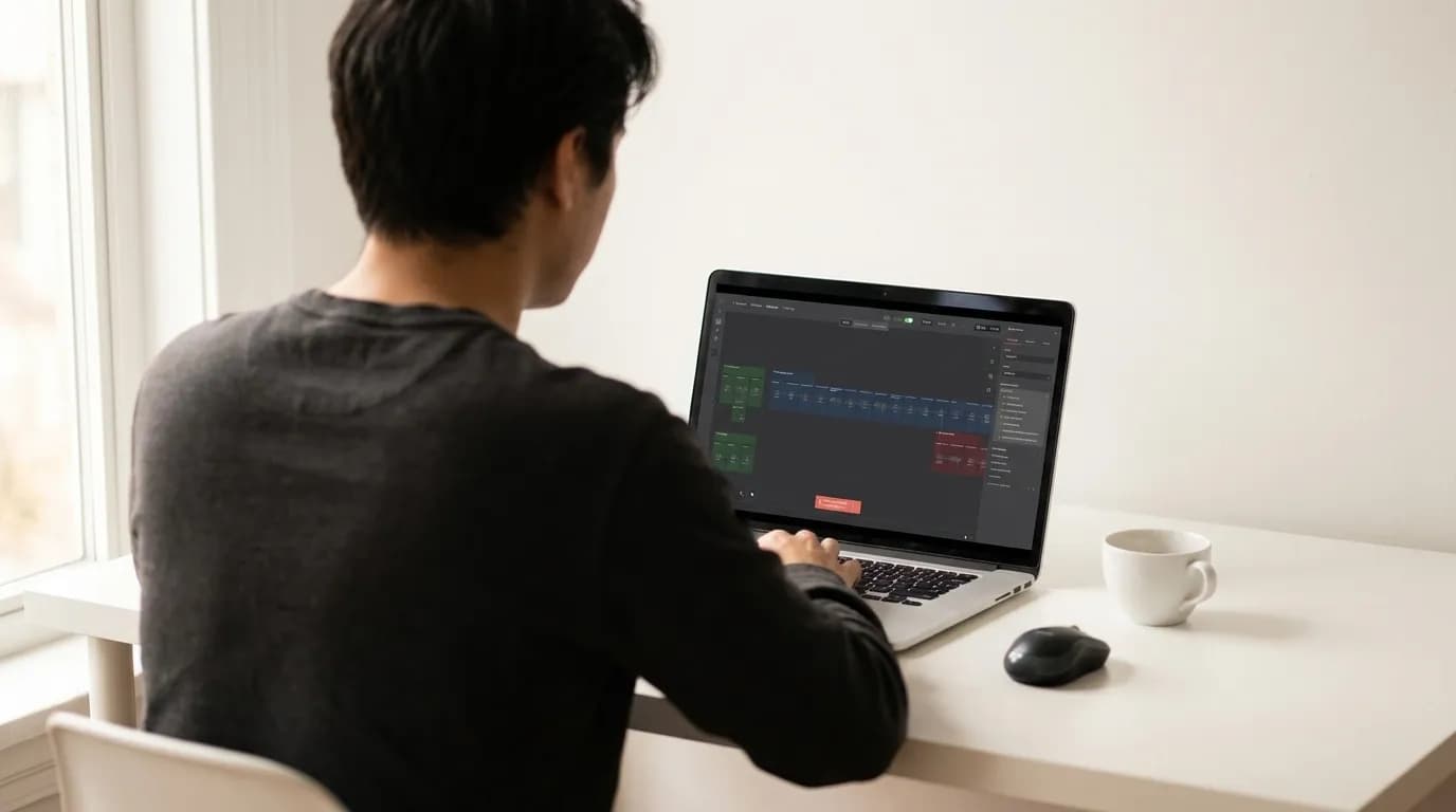 Over-de-schouder beeld van iemand die werkt aan een AI-automatisering workflow op een laptop aan een minimalistisch bureau