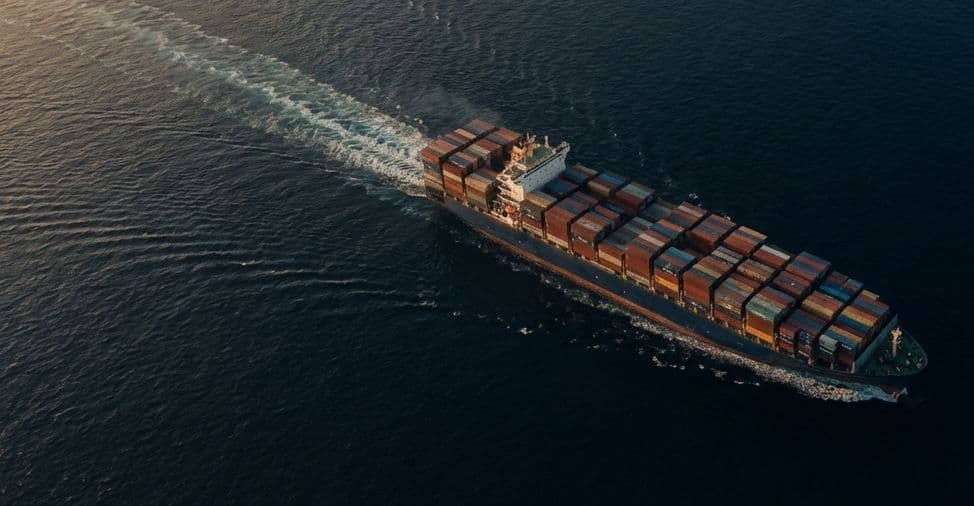 Luchtfoto van een containerschip dat door een donkere oceaan vaart, als beeld van de maritieme sector