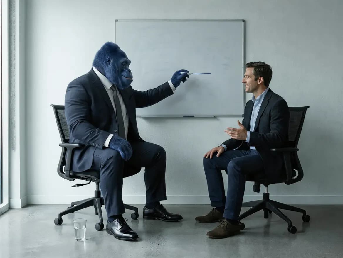 Twee PromptGorillas teamleden werken samen achter laptops en overleggen tijdens een werksessie