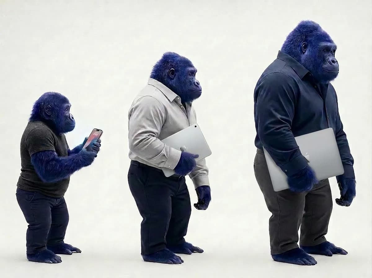 Drie blauwe gorilla's in oplopende grootte gekleed in zakelijke kleding met een telefoon, tablet en laptop, als beeld van groei met AI