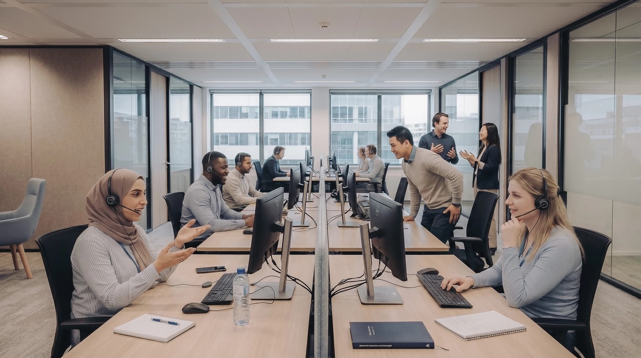 Klantenserviceteam aan het werk met headsets en beeldschermen in een Nederlandse kantooromgeving.