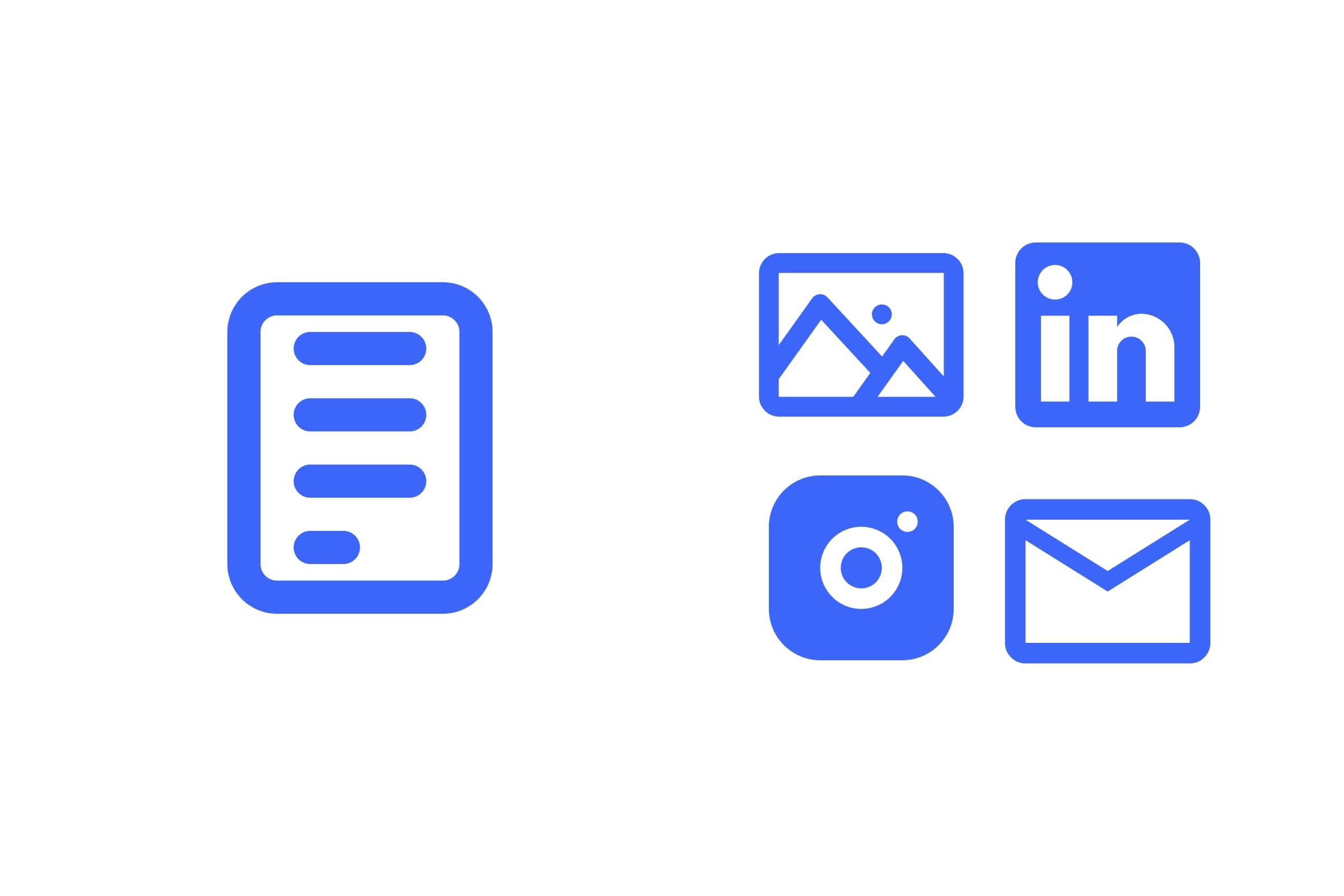 Illustratie met een document en vier iconen (afbeelding, Linkedin, Instagram, e-mail)