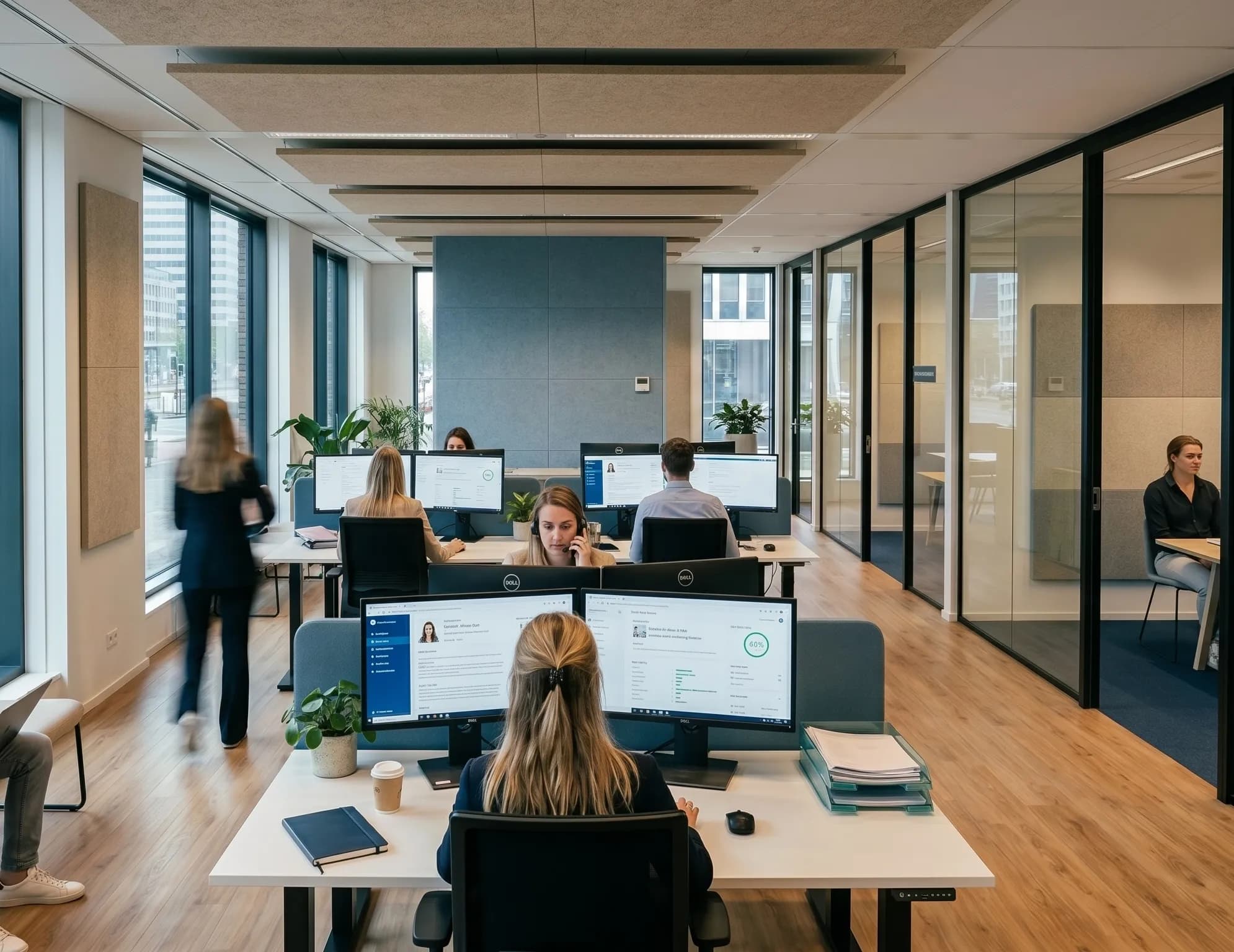Druk staffingkantoor met recruiters achter beeldschermen en een vergaderruimte op de achtergrond, met uitzicht op een Nederlandse straat.