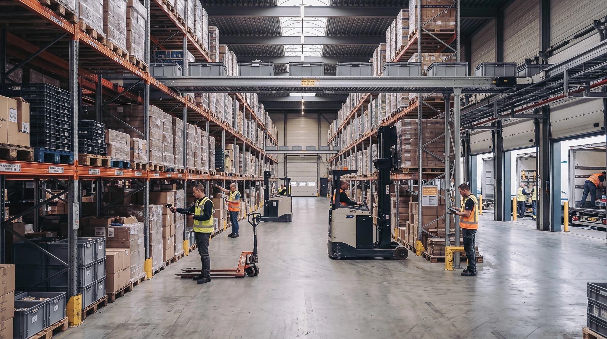 Magazijnmedewerkers met heftrucks en scanners aan het werk tussen hoge stellingen in een distributiecentrum.