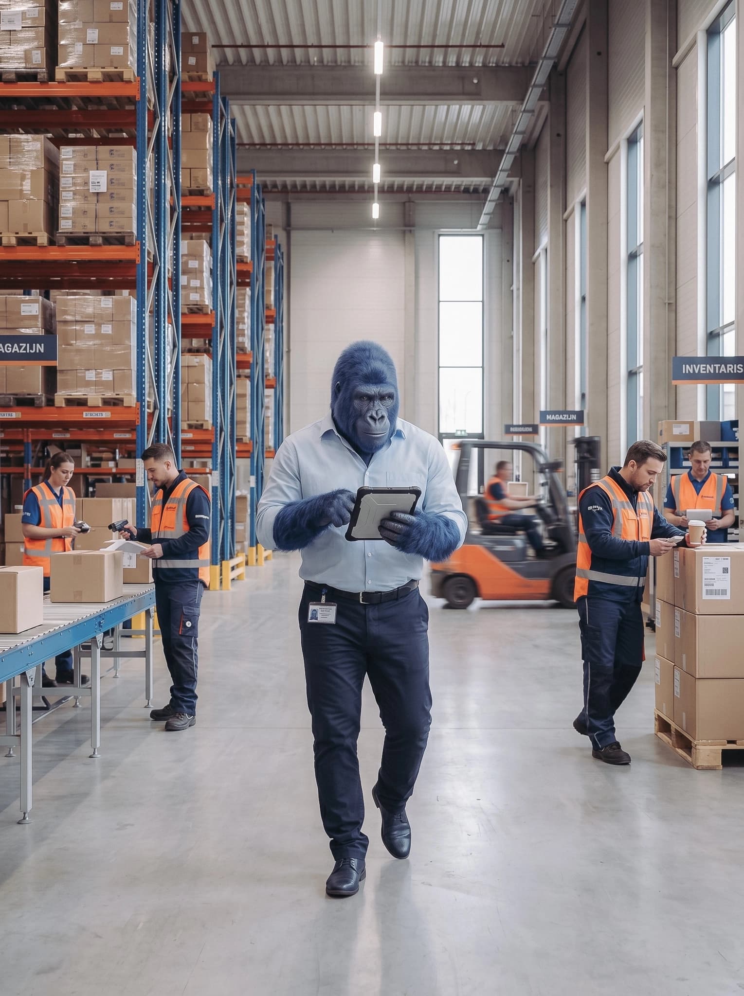 Gorilla in overhemd loopt met een tablet door een magazijn terwijl medewerkers in veiligheidsvesten op de achtergrond dozen verwerken.