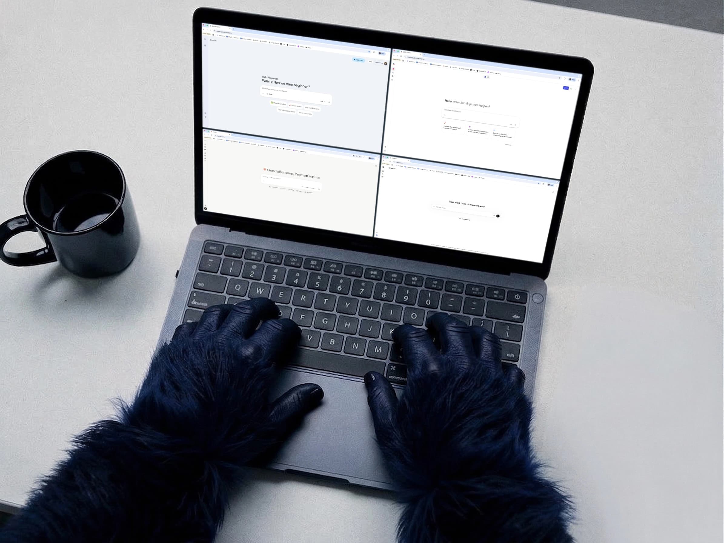 Blauwe gorilla handen typen op een laptop met de ChatGPT interface, Microsoft Copilot, Claude en Google Gemini open op het scherm, naast een kop koffie