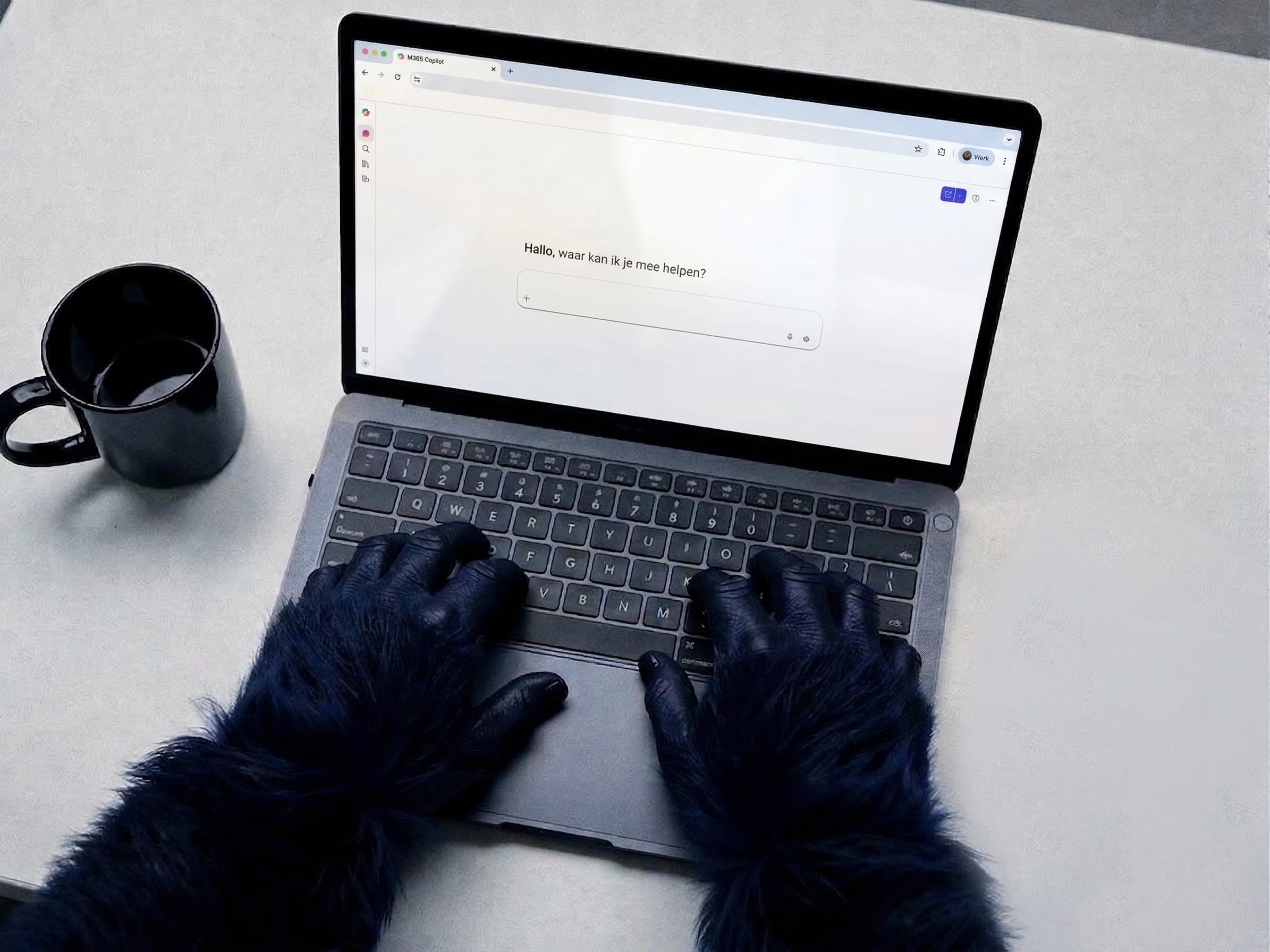 Blauwe gorilla handen typen op een laptop met de Microsoft Copilot interface open op het scherm, naast een kop koffie