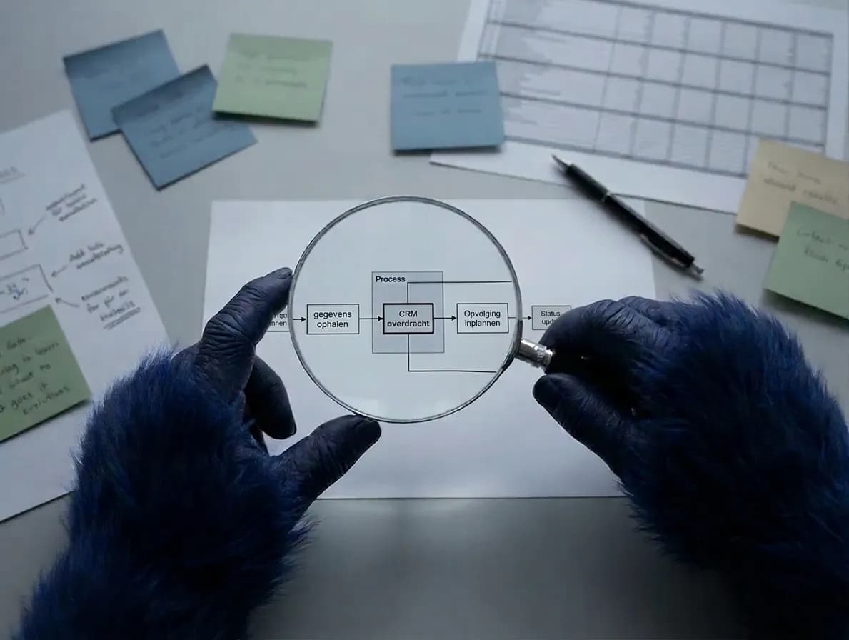 Blauwe gorilla handen houden een vergrootglas boven een procesdiagram met CRM-overdracht stappen, omringd door sticky notes en aantekeningen