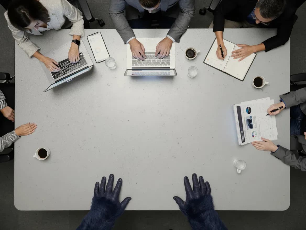 Twee paar handen werken samen aan een AI-oplossing op een laptop, van bovenaf gefotografeerd zonder gezichten in beeld