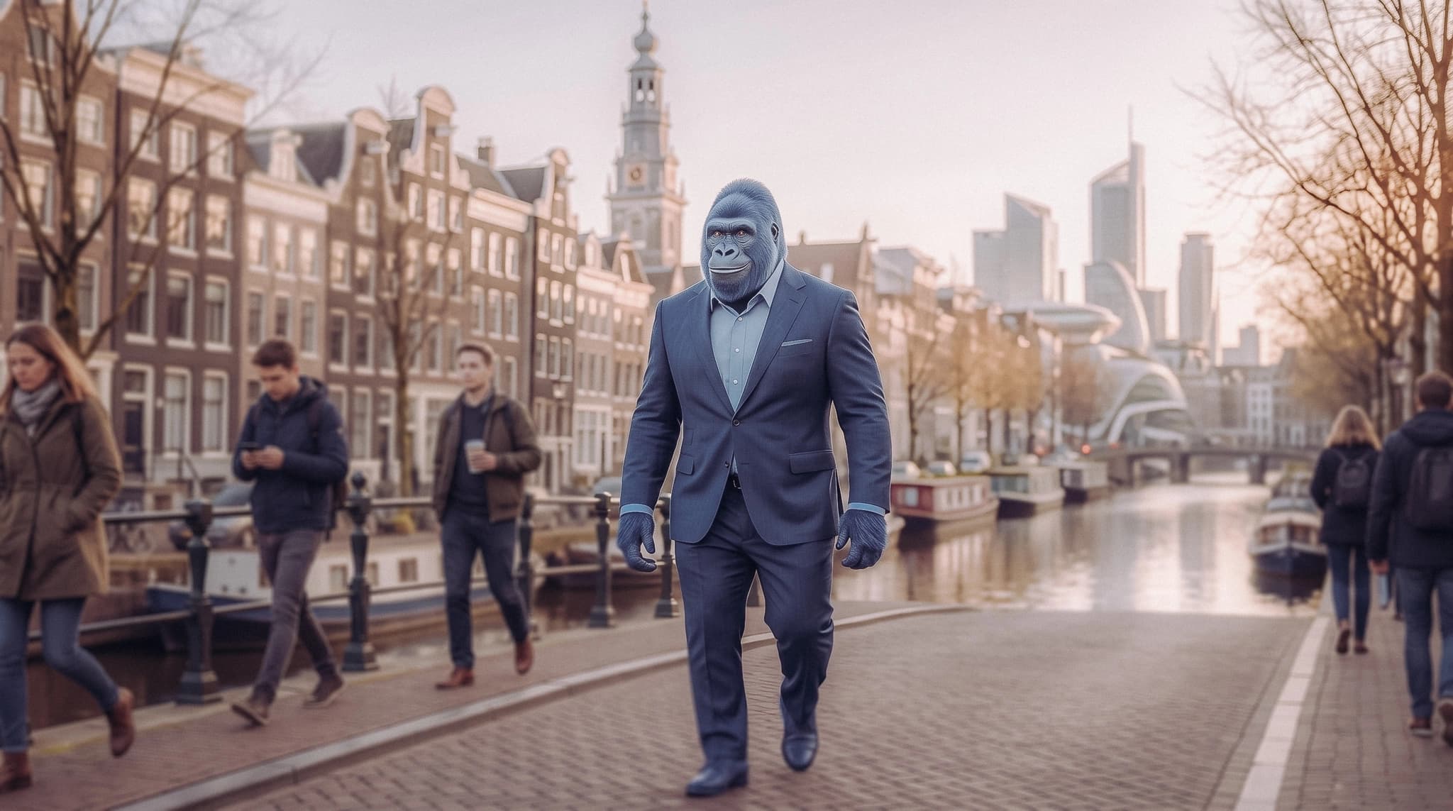 Blauwe gorilla die door het centrum van Amsterdam loopt