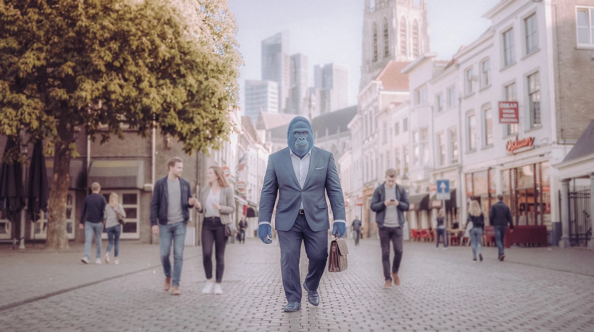 Blauwe gorilla die door het centrum van Breda loopt
