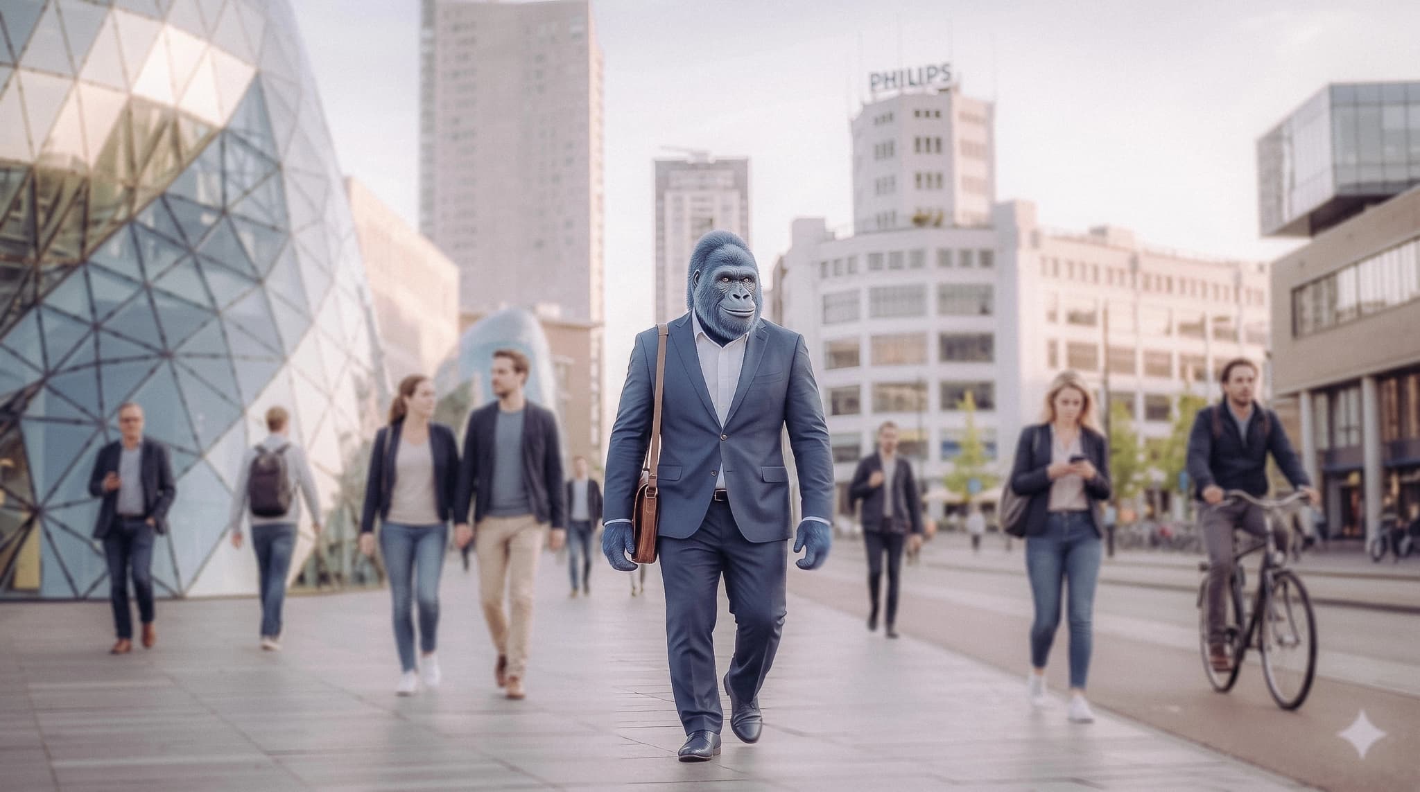 Blauwe gorilla die door het centrum van Eindhoven loopt