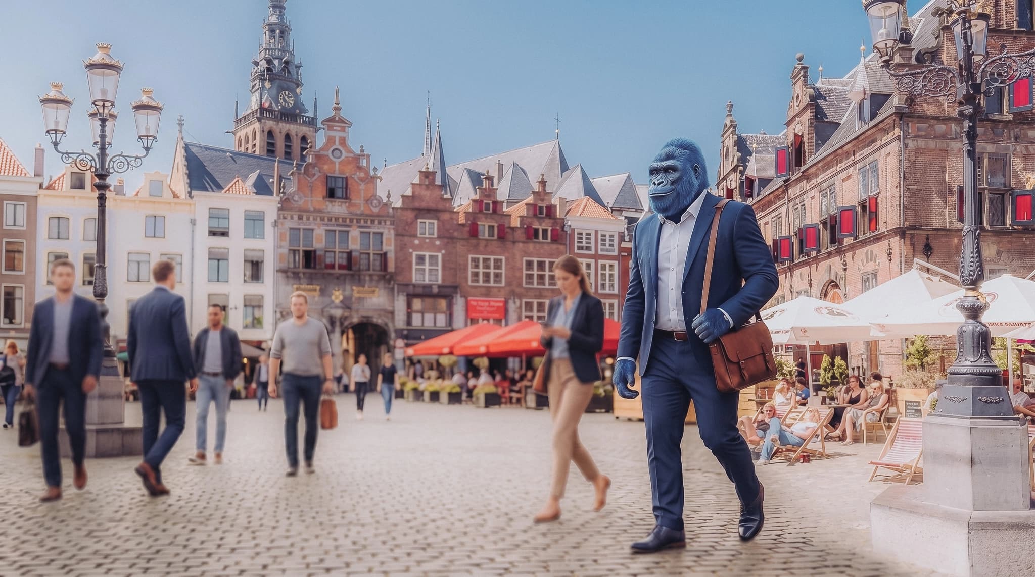 Blauwe gorilla die door het centrum van Nijmegen loopt