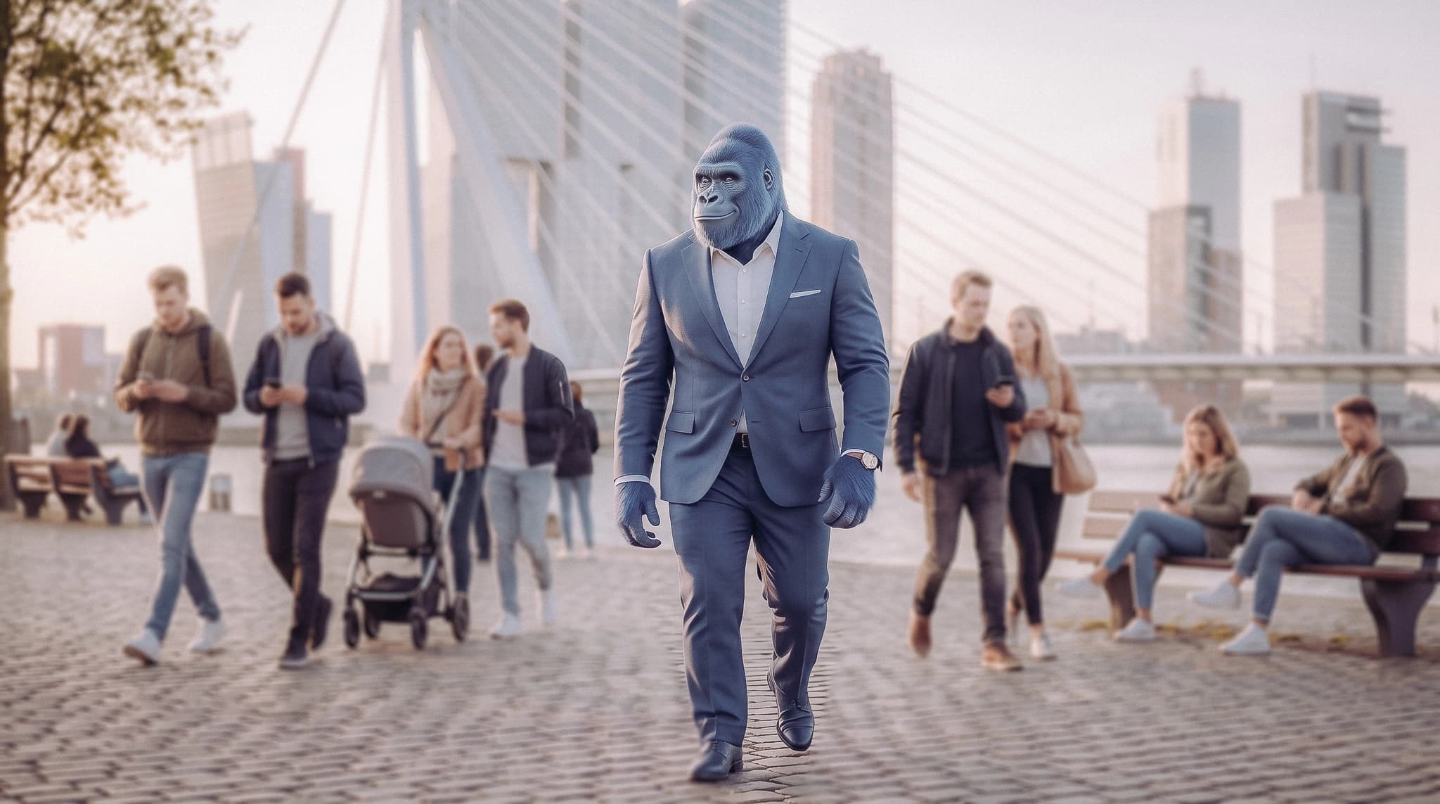 Blauwe gorilla die door het centrum van Rotterdam loopt