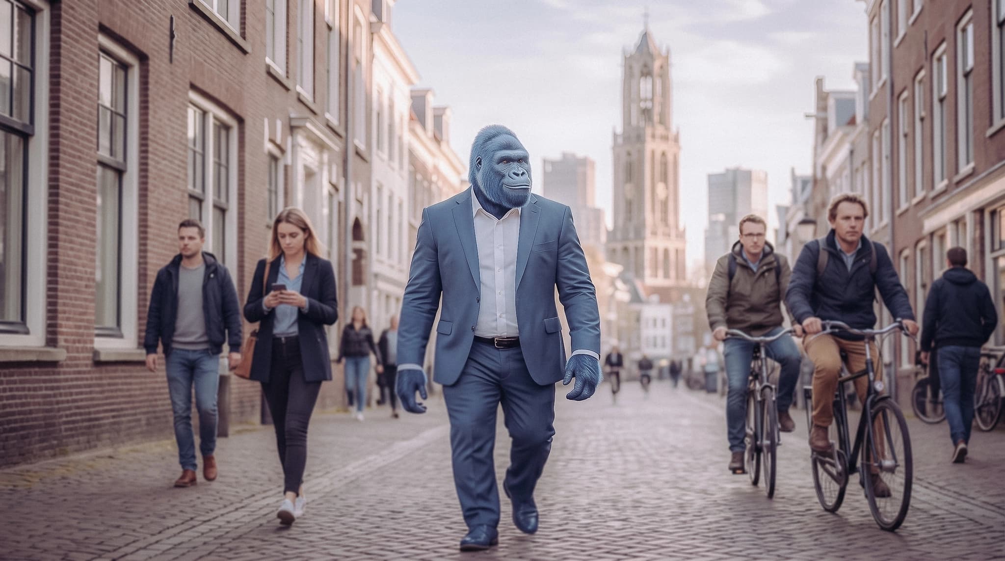 Blauwe gorilla die door het centrum van Utrecht loopt